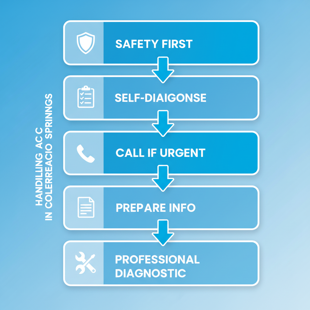 Vertical process flow diagram illustrating five steps for addressing AC emergencies with icons and labels