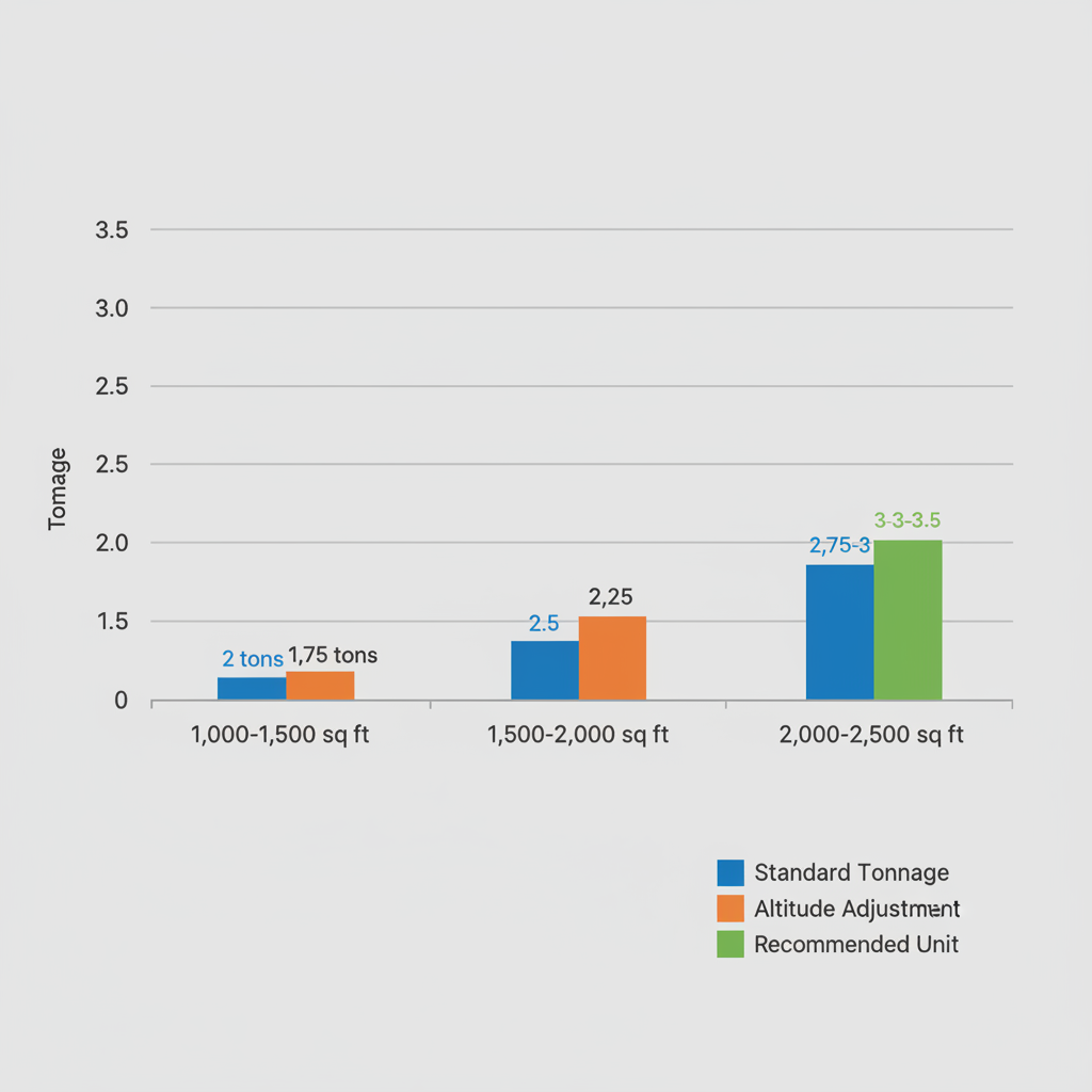 Bar chart comparing AC system tonnage recommendations for different Colorado Springs home sizes, including altitude adjustments and efficiency considerations.