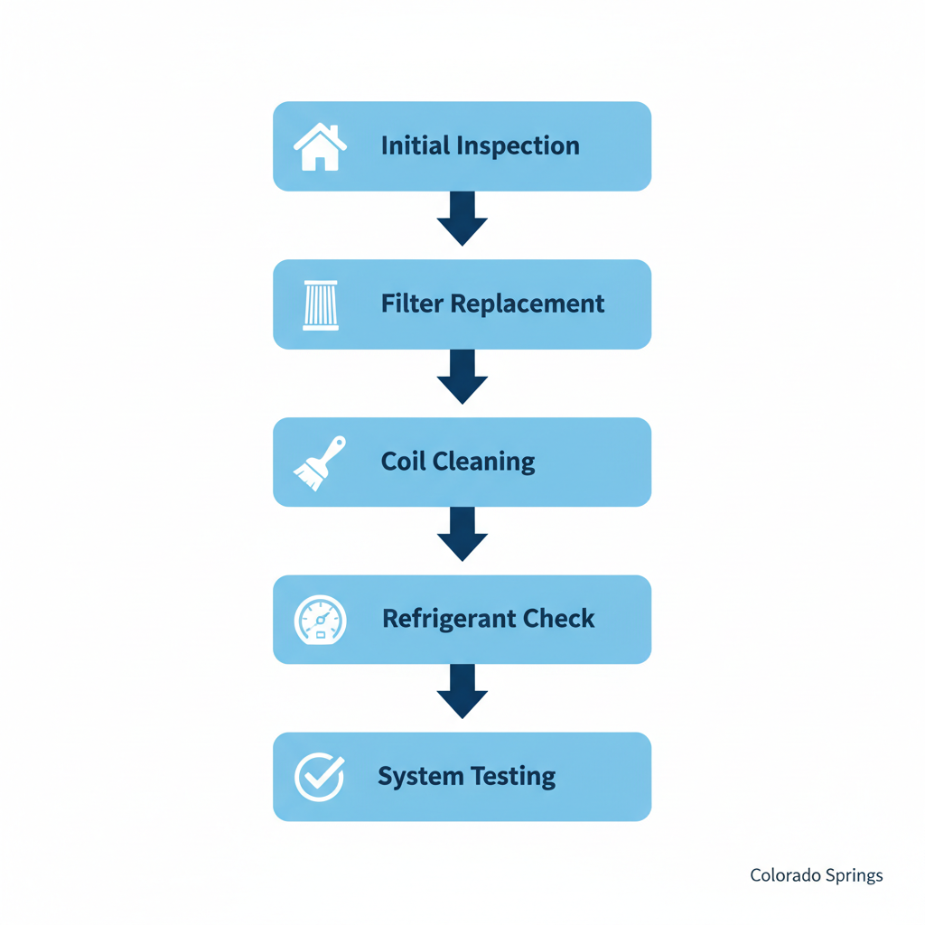 Vertical process flow diagram showing five steps of AC maintenance tune-up services in Colorado Springs