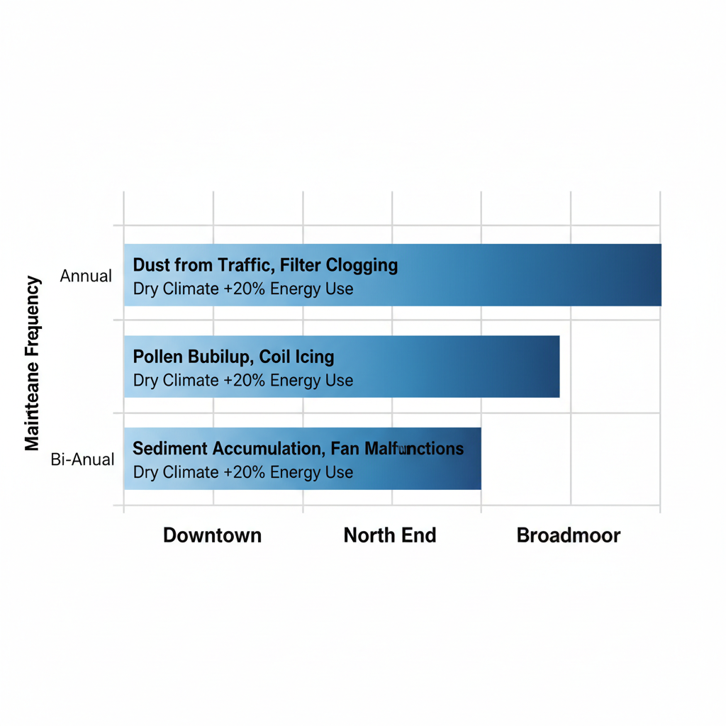 Horizontal bar chart comparing AC maintenance frequencies in Colorado Springs neighborhoods: Downtown, North End, Broadmoor.