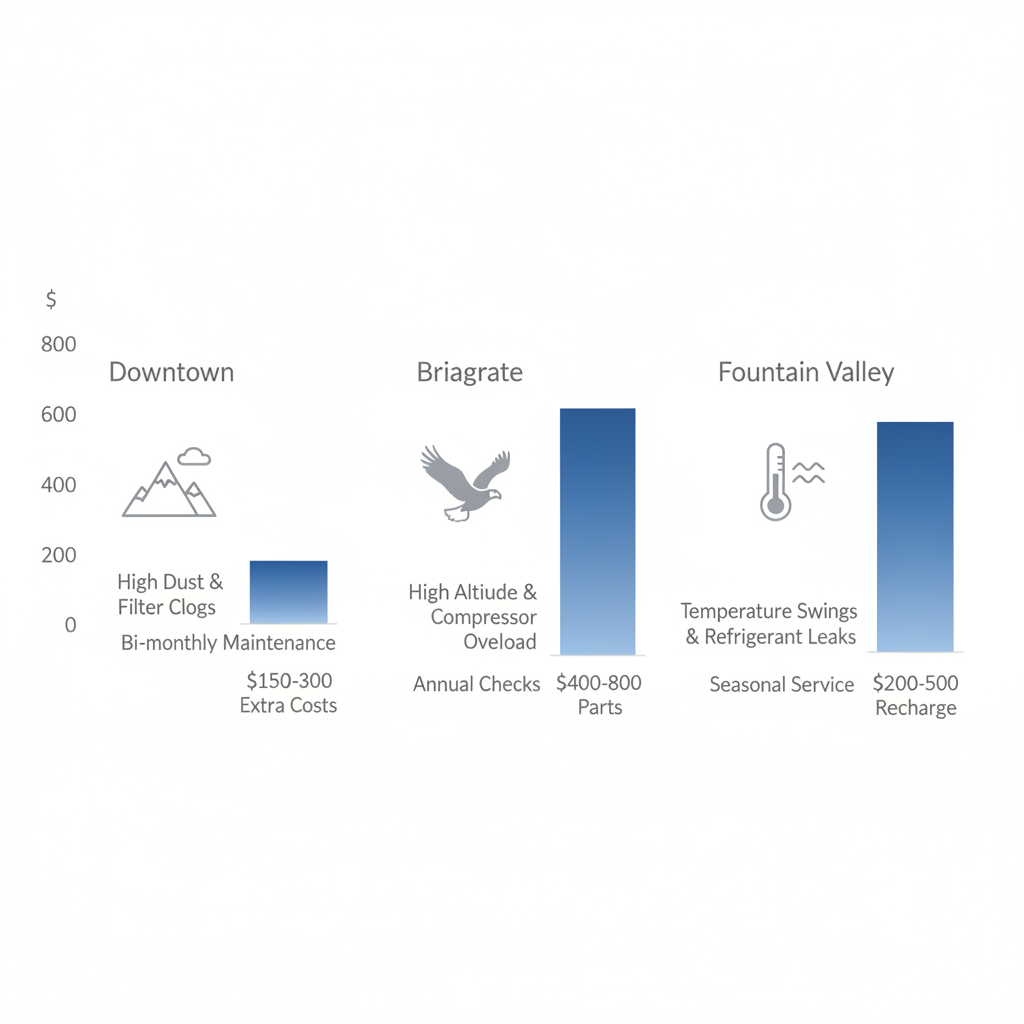 Infographic comparison of AC challenges including dust clogs in Downtown, compressor issues in Briargate, and refrigerant leaks in Fountain Valley with associated costs and maintenance frequencies.