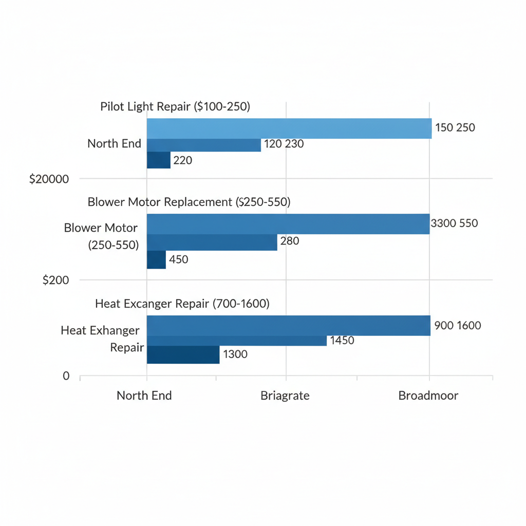 Horizontal bar chart comparing furnace repair costs for pilot light, blower motor, and heat exchanger across North End, Briargate, and Broadmoor in Colorado Springs