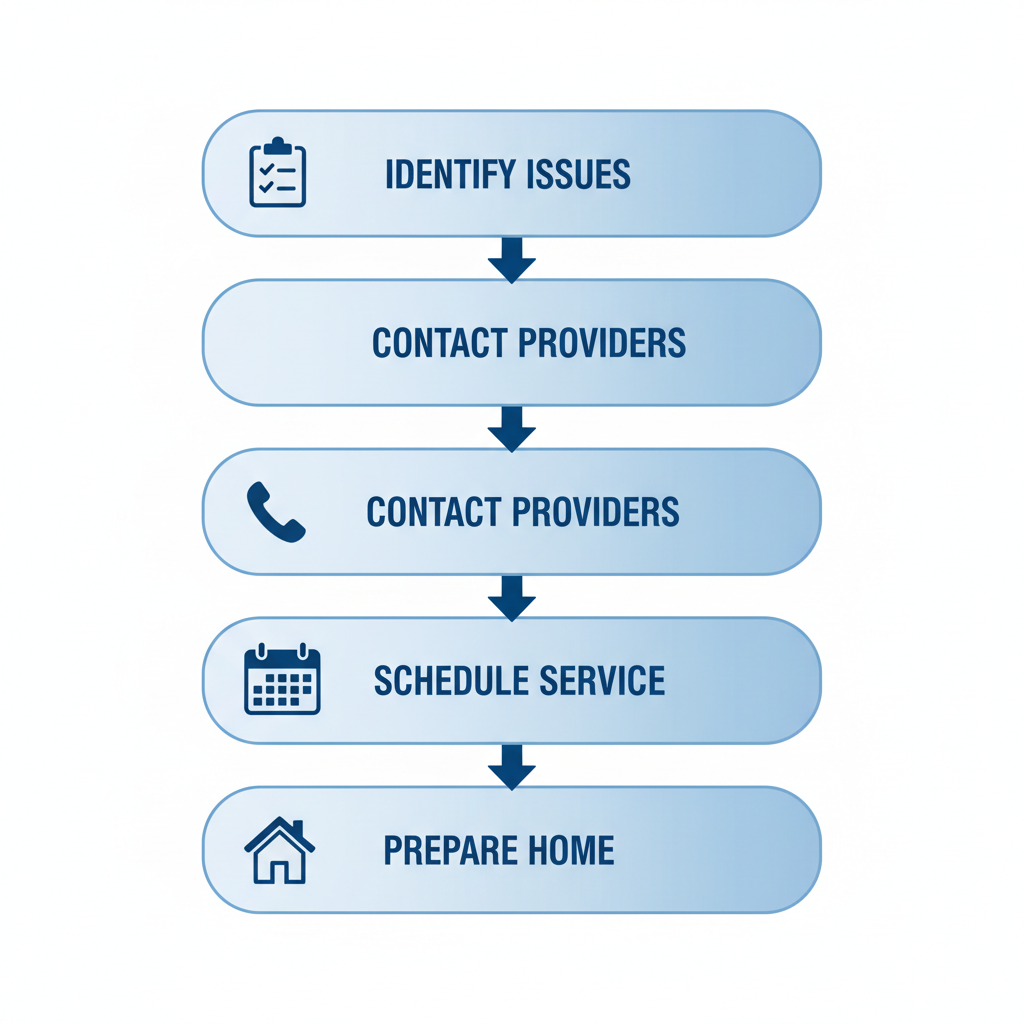 Vertical process flow diagram illustrating four steps to arrange furnace services: identify issues, contact providers, schedule service, and prepare home.