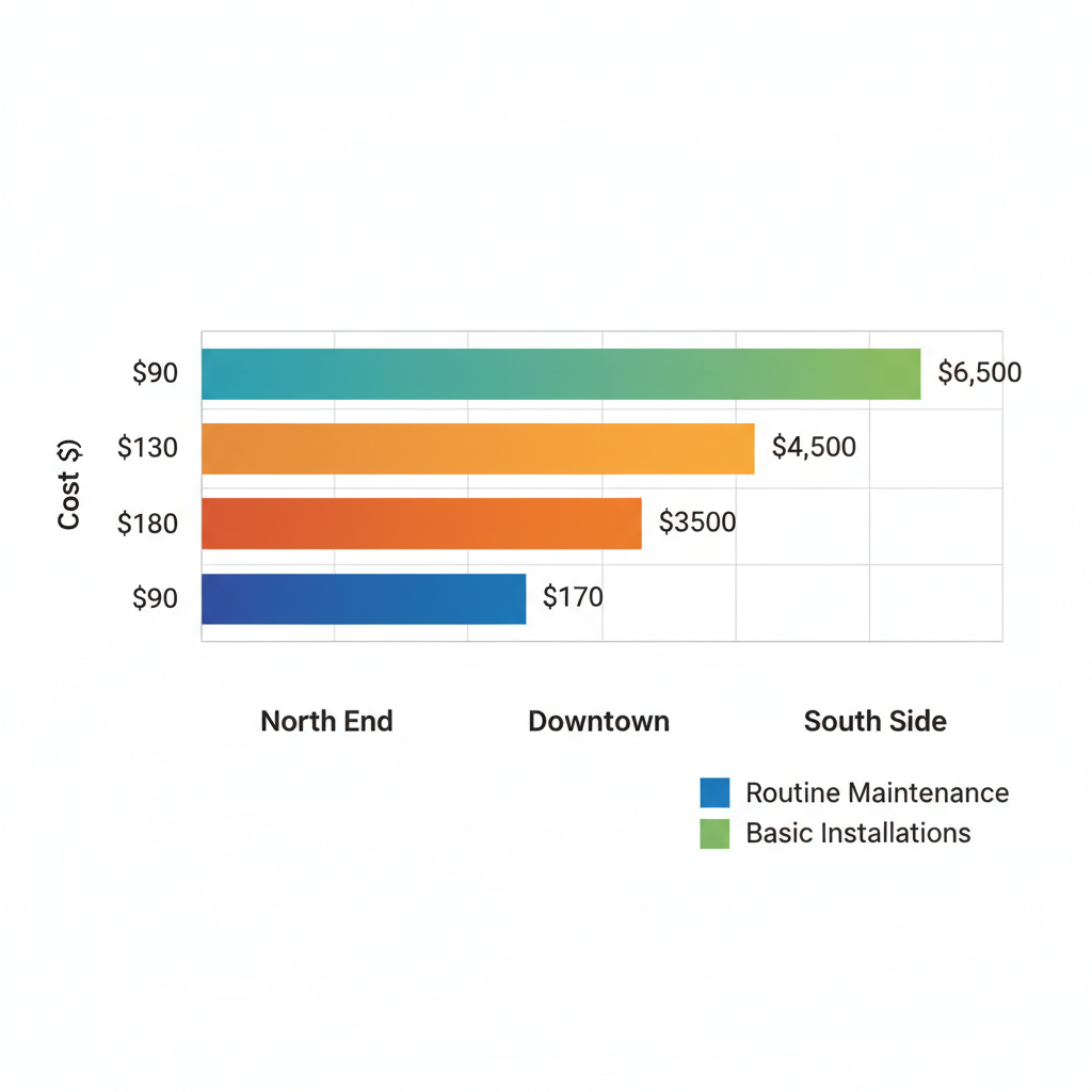 Horizontal bar chart comparing average AC service costs across Colorado Springs neighborhoods for maintenance, repairs, and installations