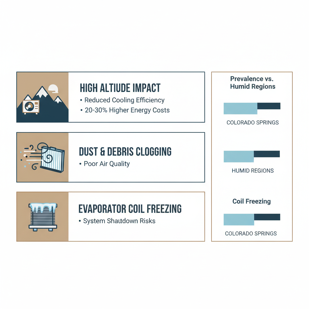 Infographic showing key air conditioning challenges in Colorado Springs including altitude effects, dust clogging, and coil freezing.