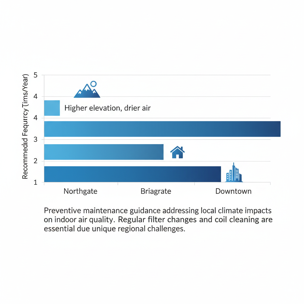Horizontal bar chart showing AC maintenance frequencies by Colorado Springs neighborhoods with icons and annotations.