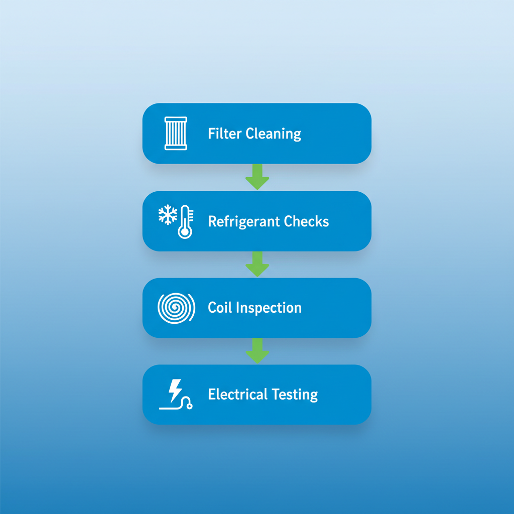 Vertical process flow diagram illustrating AC tune-up steps: filter cleaning, refrigerant checks, coil inspection, and electrical testing for Colorado Springs HVAC services
