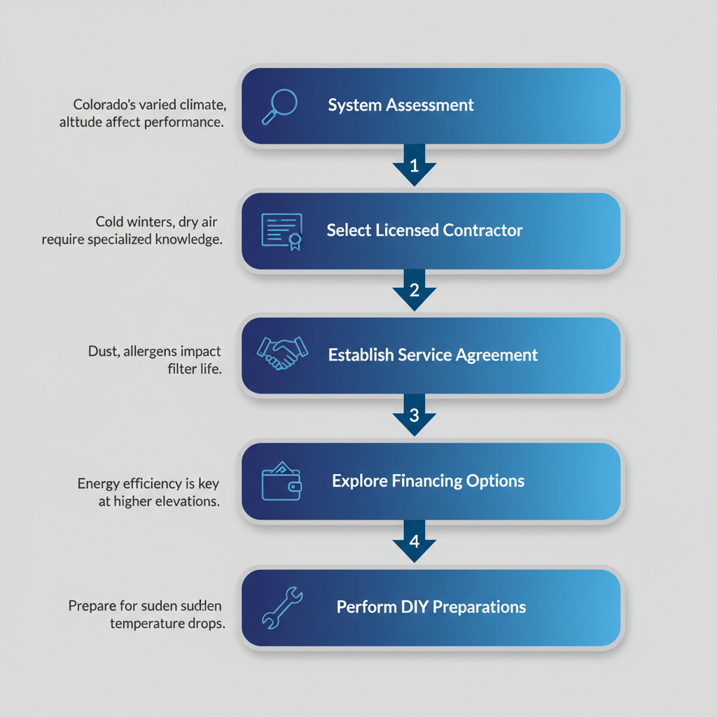 Vertical process flow diagram illustrating five key steps to start HVAC care in Colorado Springs