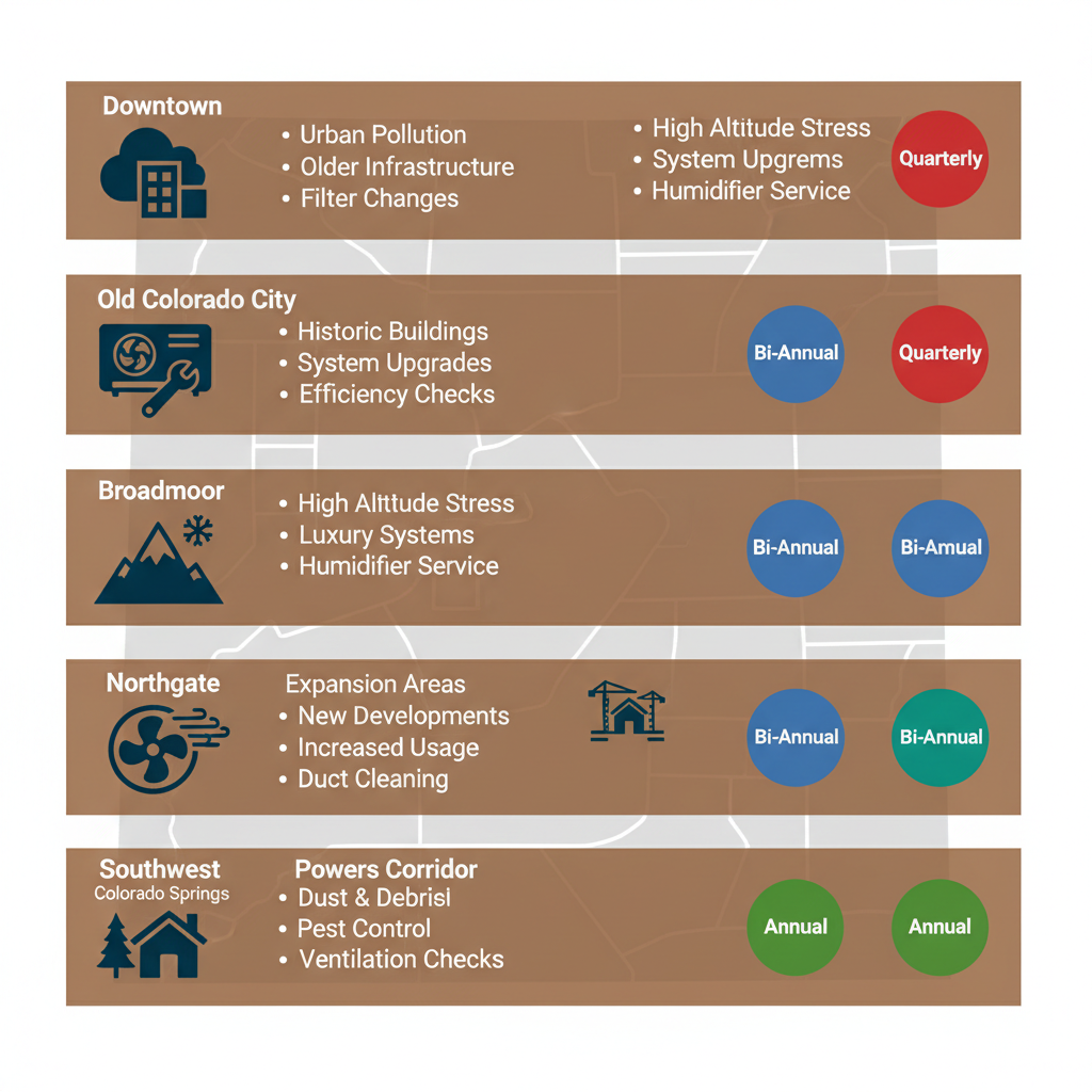 Infographic comparing HVAC challenges and maintenance frequencies in six Colorado Springs neighborhoods with icons and badges