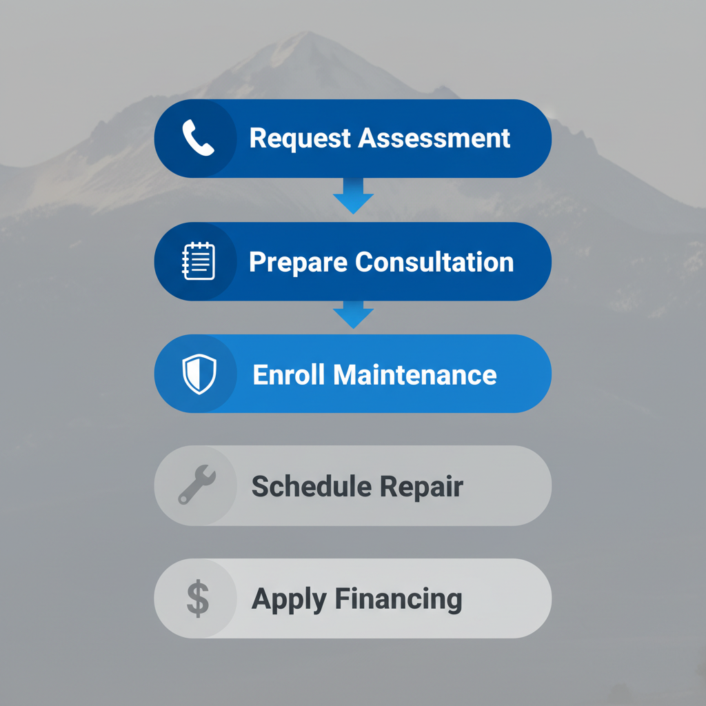 Vertical process flow diagram illustrating five key steps to initiate HVAC services in Colorado Springs with icons and arrows.
