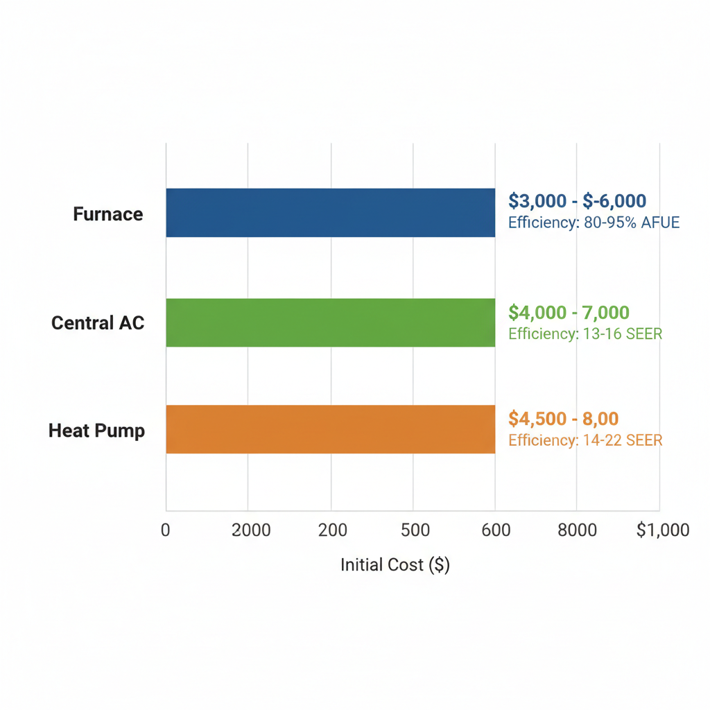 Horizontal bar chart comparing initial costs and efficiency ratings of Furnace, Central AC, and Heat Pump systems suitable for Colorado Springs climate