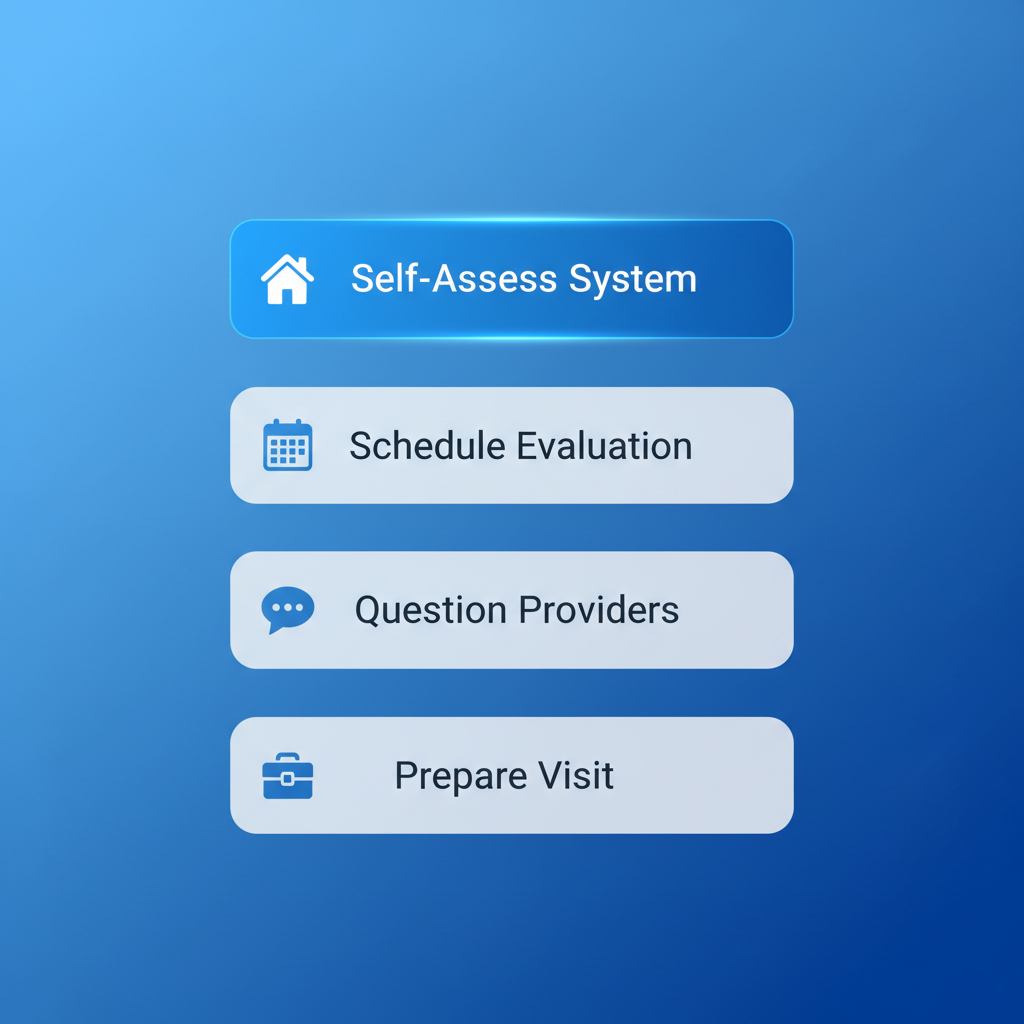 Vertical process flow diagram illustrating four steps to start an HVAC project: self-assess system, schedule evaluation, question providers, and prepare for visit.