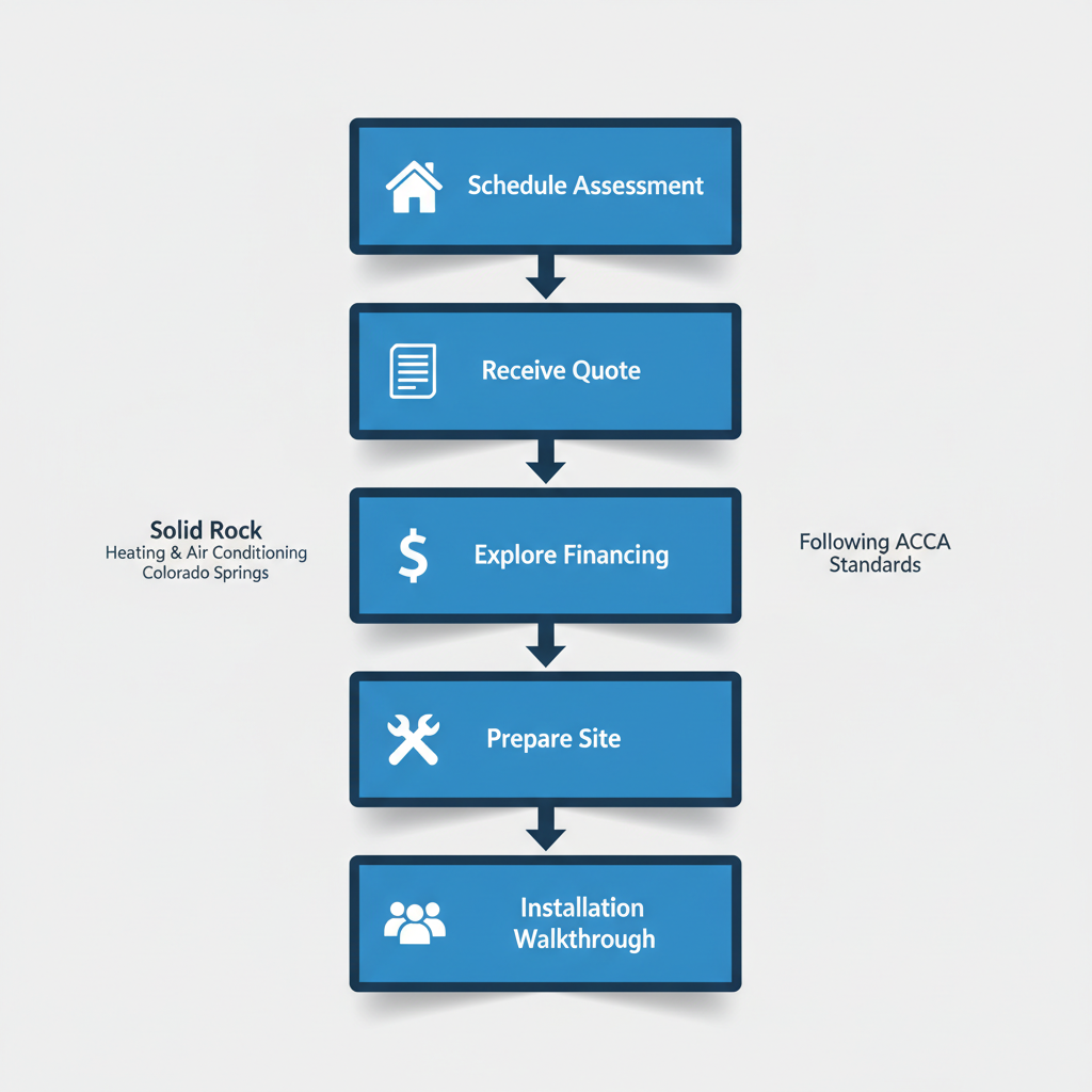 Vertical process flow diagram illustrating the five steps for AC installation at Solid Rock Heating & Air Conditioning, including icons for each stage.