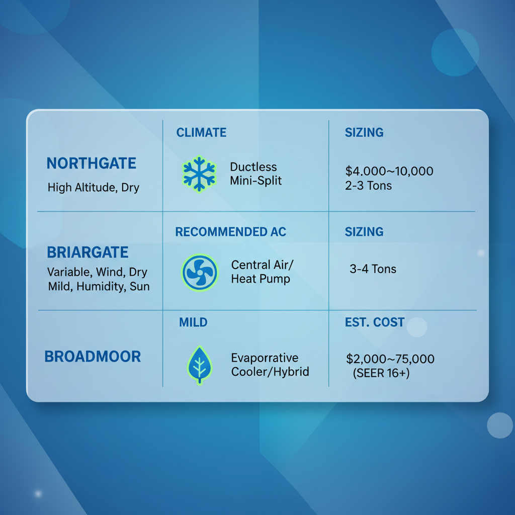 Infographic table comparing AC system recommendations for Northgate, Briargate, and Broadmoor neighborhoods in Colorado Springs, including climate challenges, types, sizing, and cost ranges.