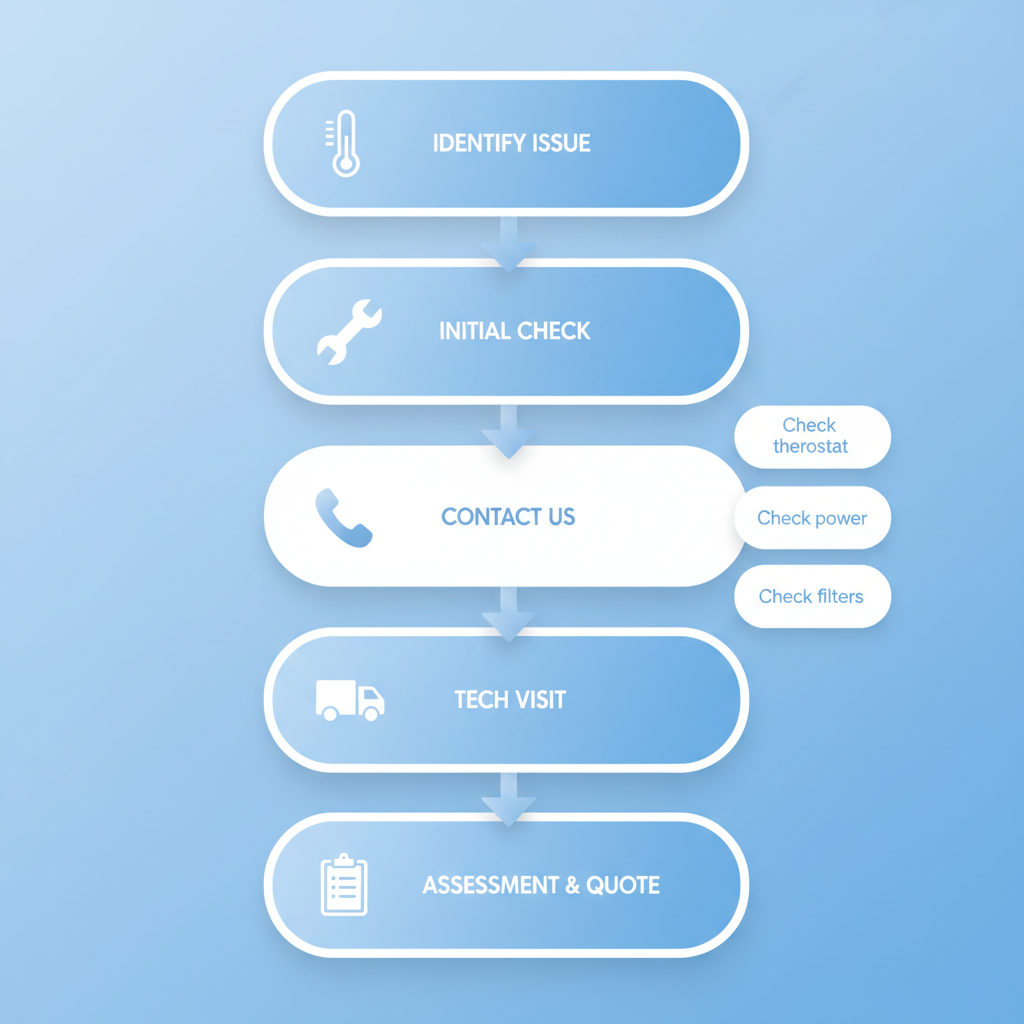 Vertical process flow diagram showing five steps to start heating repairs: identify issue, troubleshoot, contact service, technician visit, and get assessment.