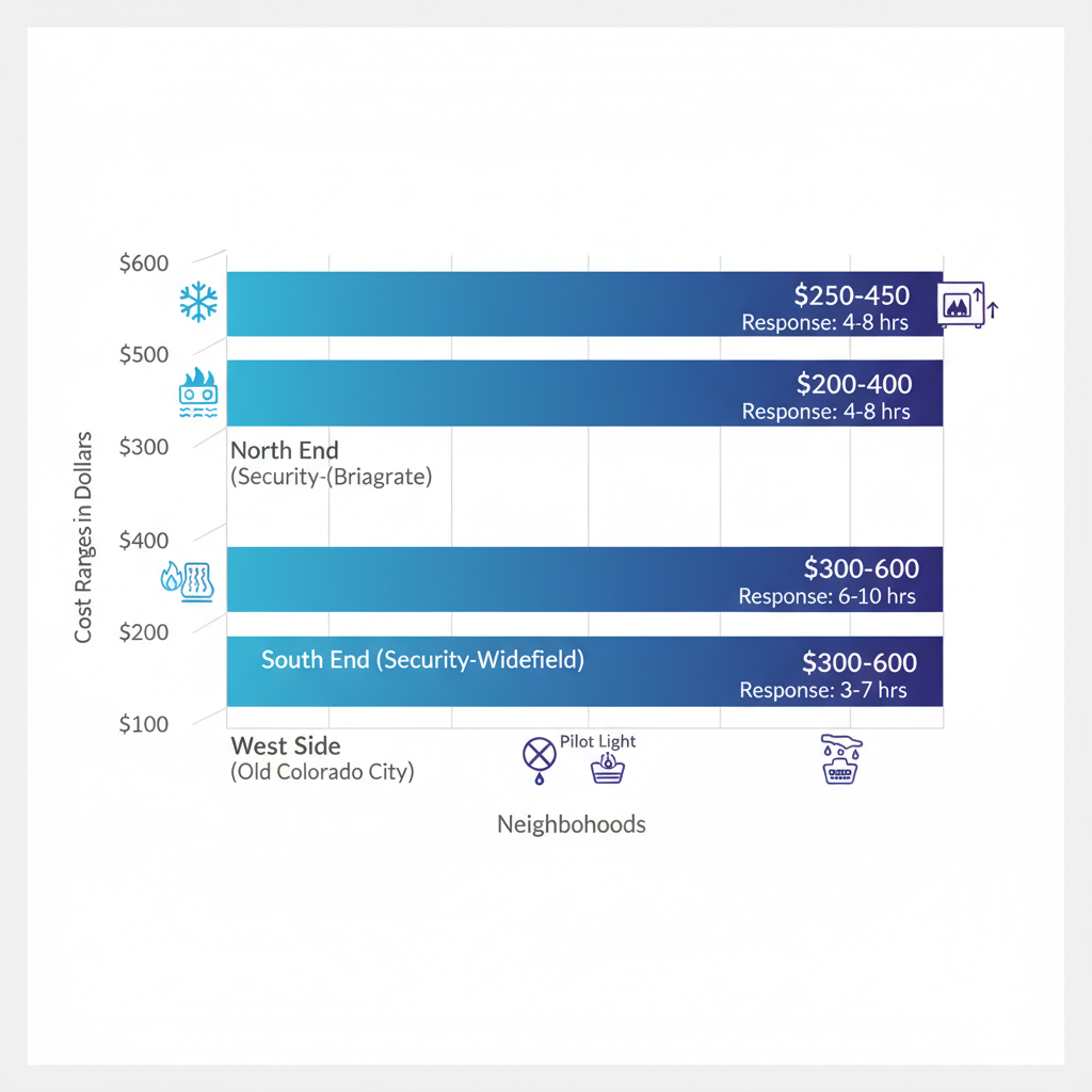Horizontal bar chart of heating repair costs by Colorado Springs neighborhood, with icons for common issues and response time notes
