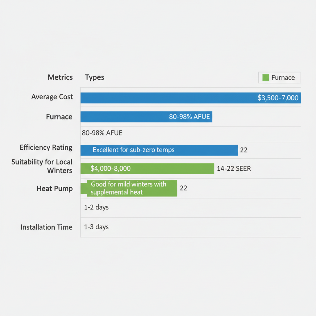 Horizontal bar chart comparing furnace and heat pump systems by cost, efficiency, winter suitability, and installation time for Colorado Springs residences.