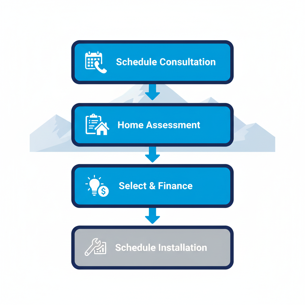 Vertical process flow illustrating four steps for heating installation: schedule consultation, professional home assessment, select system and finance, schedule installation.