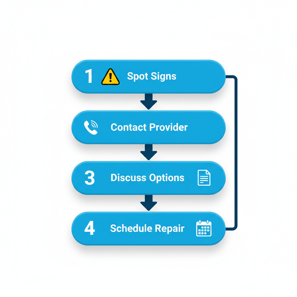 Vertical process flow diagram illustrating four steps for heater repair: spotting signs and shutting off power, contacting a licensed provider, discussing repair options and financing, and scheduling the service with home preparation.