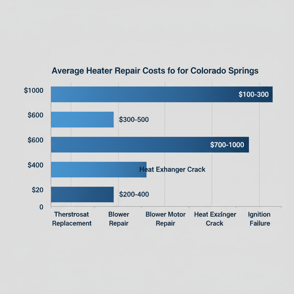 Horizontal bar chart illustrating average costs for common heater repairs in Colorado Springs, including thermostat, blower motor, heat exchanger, and ignition system failures with USD ranges.