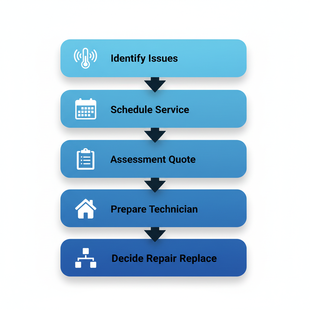 Vertical process flow diagram showing five steps to start heating service: identify issues, schedule, assessment, prepare, and decide.