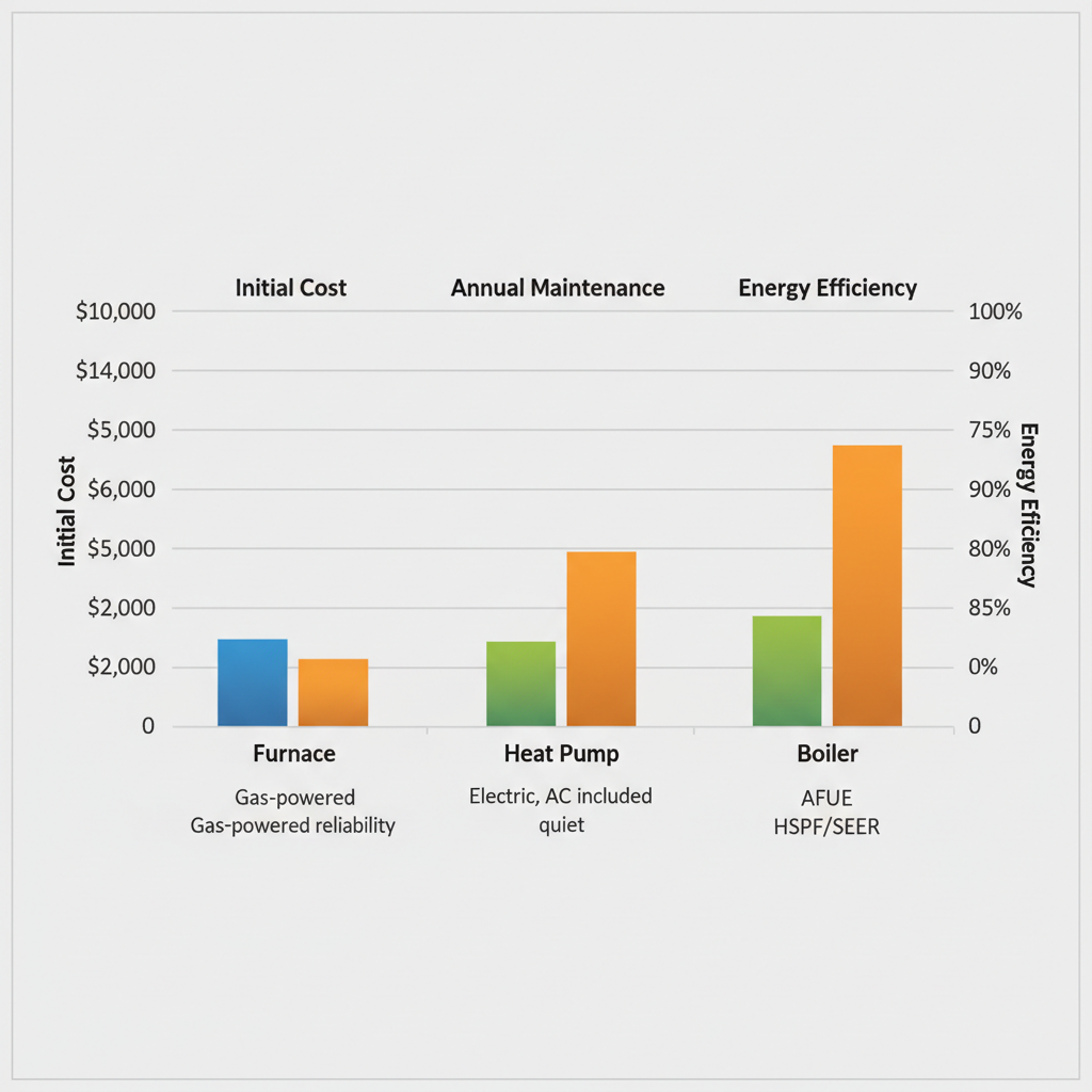Grouped bar chart comparing initial cost, annual maintenance, and energy efficiency of Furnace, Heat Pump, and Boiler home heating systems in Colorado Springs.