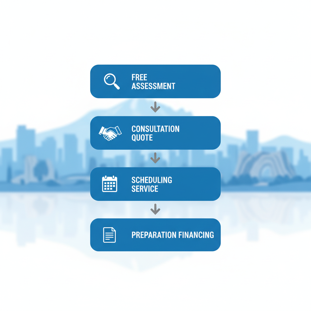 Vertical process flow illustrating four key steps for starting a commercial HVAC project: free assessment, consultation and quote, scheduling service, and preparation and financing with icons and connections.