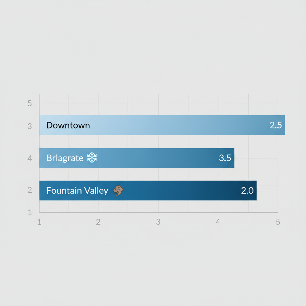 Horizontal bar chart showing heat pump repair frequencies in Colorado Springs neighborhoods Downtown, Briargate, and Fountain Valley.