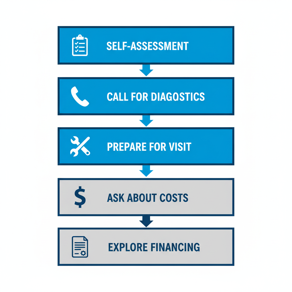 Vertical process flow diagram showing five steps for initiating heat pump repair service in Colorado Springs with icons and arrows.