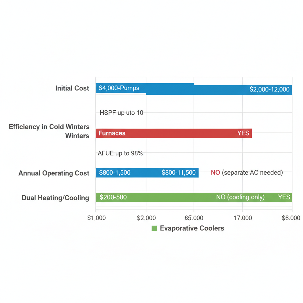 Horizontal bar chart comparing initial costs, efficiency, operating costs, and dual functionality of heat pumps, furnaces, and evaporative coolers for homes in Colorado Springs area