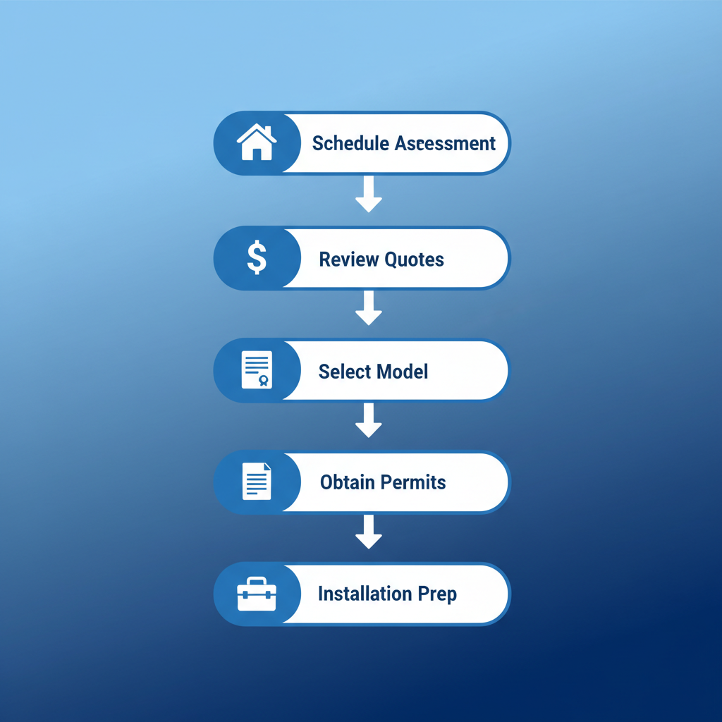 Vertical process flow diagram showing five steps for heat pump installation in Colorado Springs