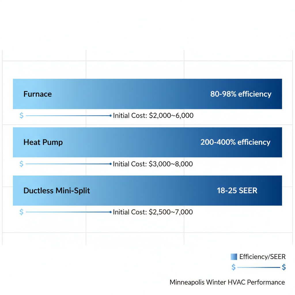 Horizontal bar chart comparing heating efficiency and initial costs of furnace, heat pump, and ductless mini-split HVAC systems for Minneapolis climate