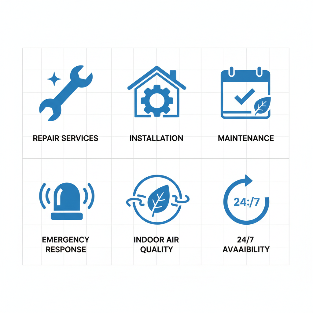 Grid of icons for HVAC services including repair, installation, maintenance, emergency, air quality, and 24/7 availability