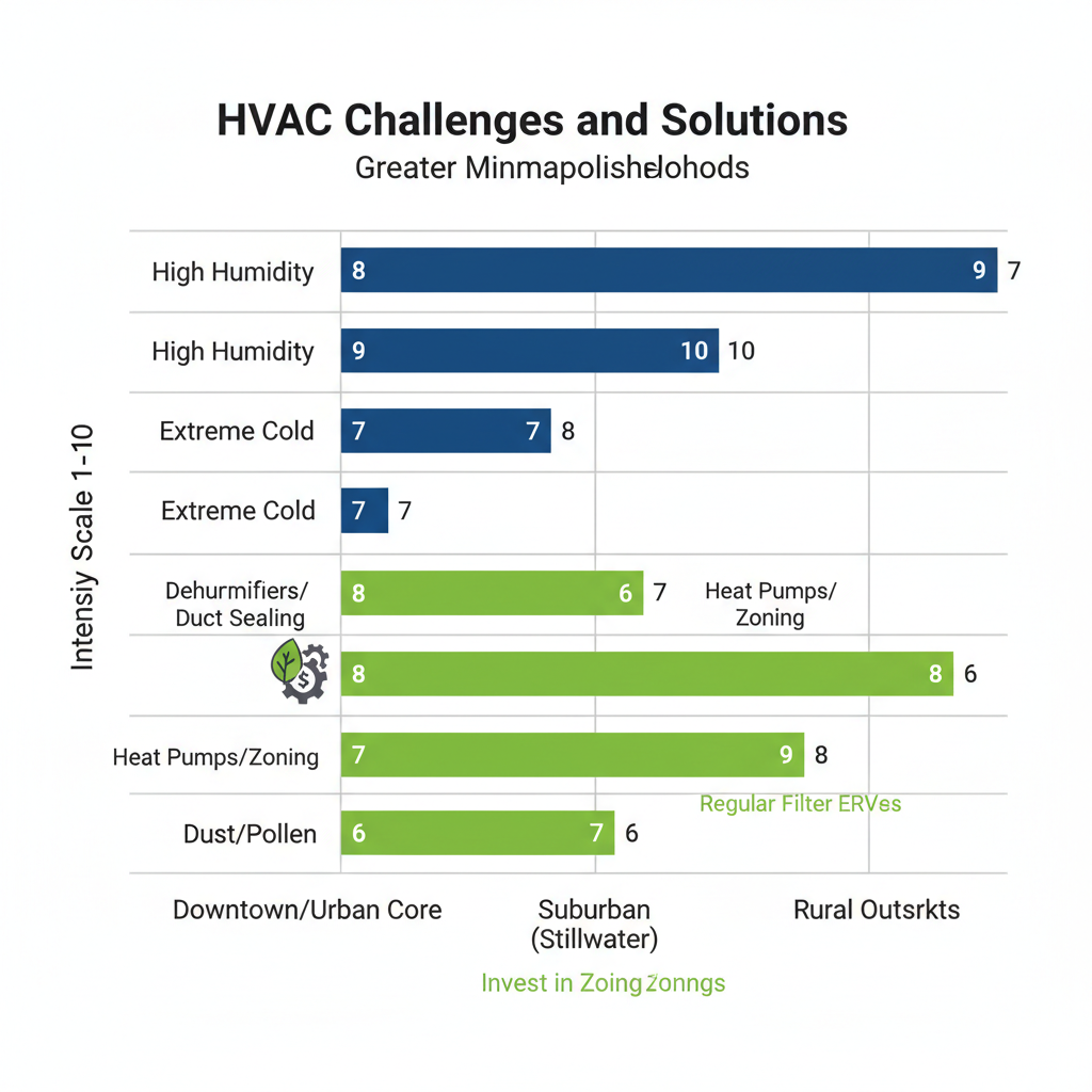 Horizontal bar chart comparing HVAC challenges and solutions in Minneapolis neighborhoods, highlighting intensity levels and recommendations.