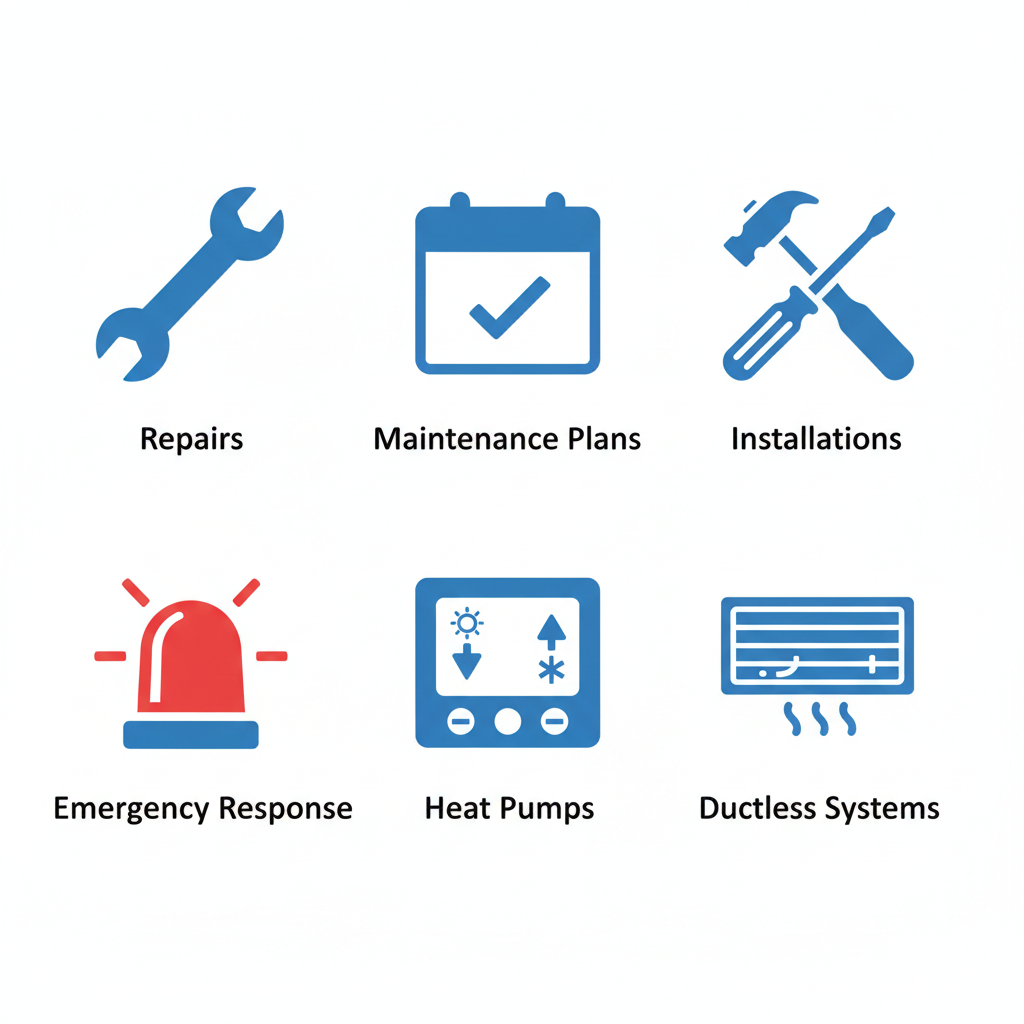 Grid of six icons representing HVAC services: repairs, maintenance, installations, emergency response, heat pumps, and ductless systems.