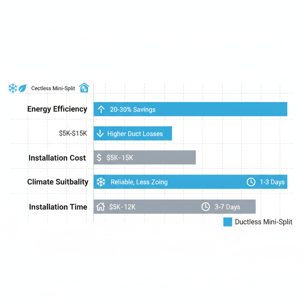 Horizontal bar chart comparing energy efficiency, costs, suitability, and installation time of ductless mini-split versus central AC systems in Colorado Springs.
