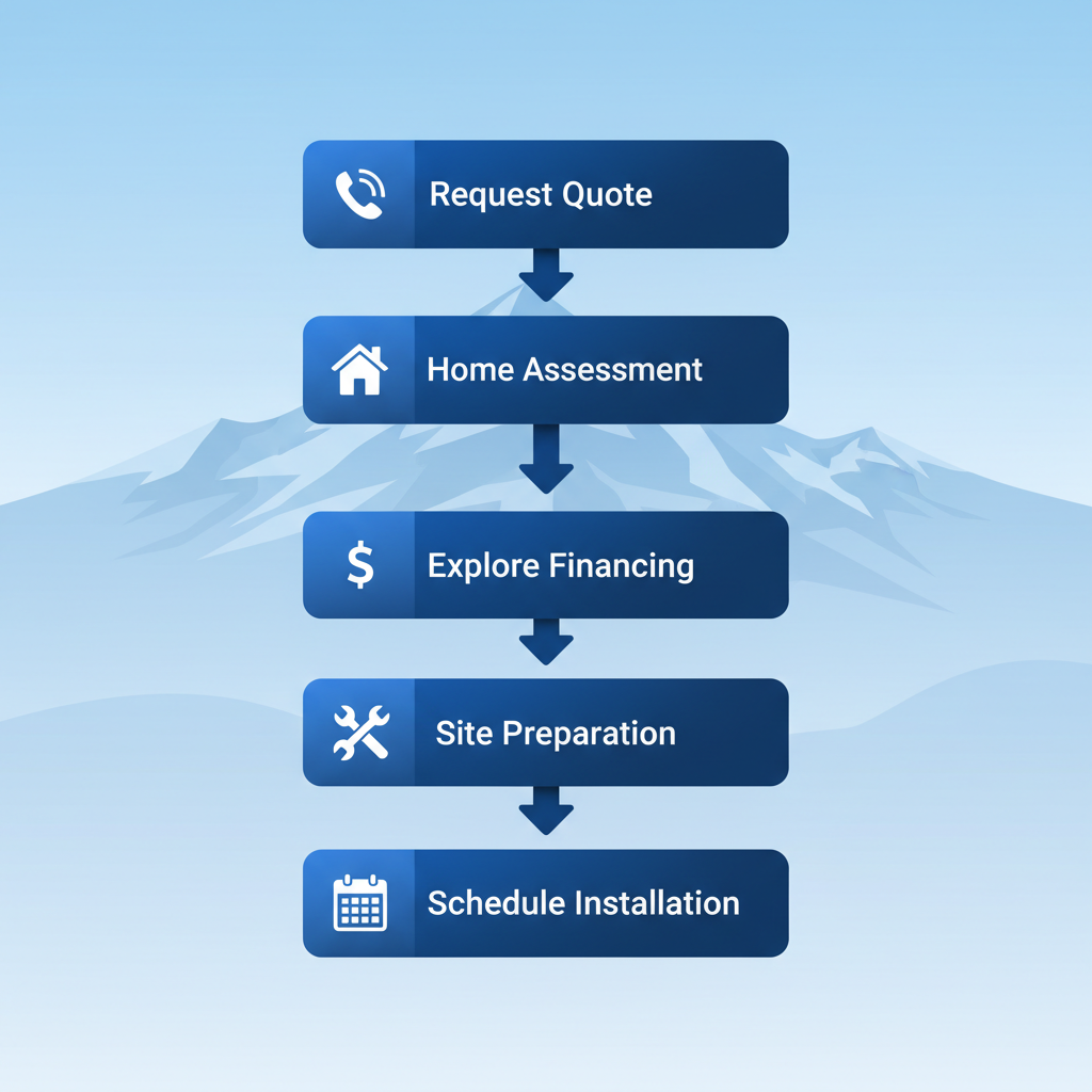Vertical process flow illustrating the five steps for ductless mini-split AC installation in Colorado Springs