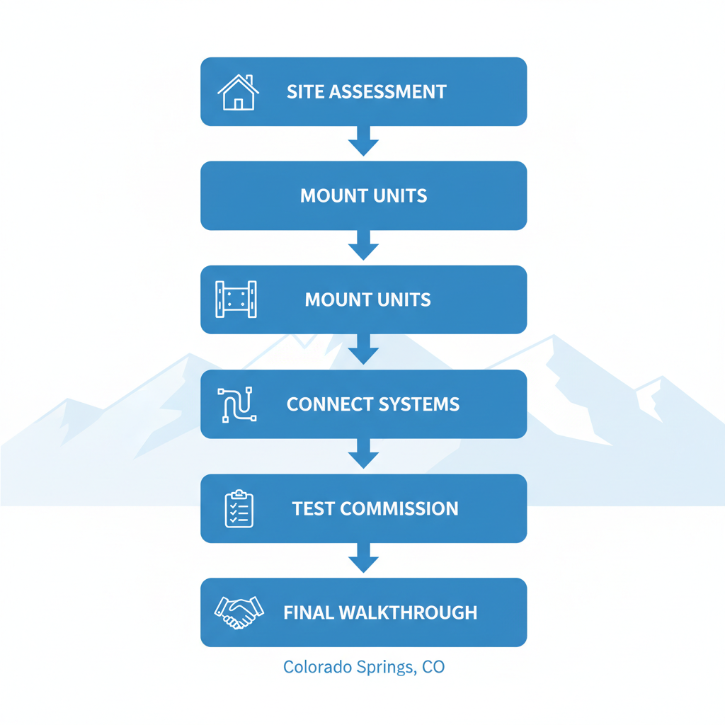 Vertical process flow diagram of ductless mini split installation steps in Colorado Springs with icons and labels.