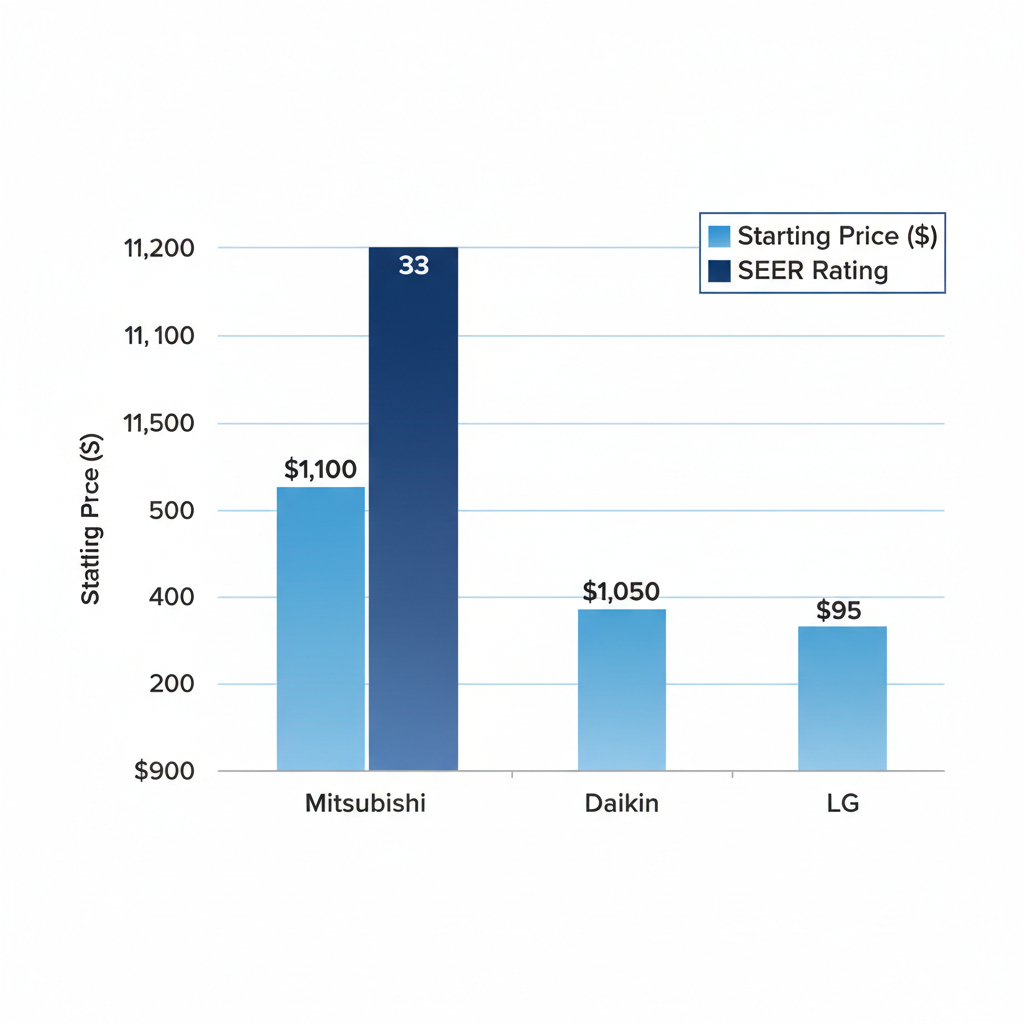 Bar chart comparing ductless mini split brands by starting price and SEER rating for Colorado Springs residences