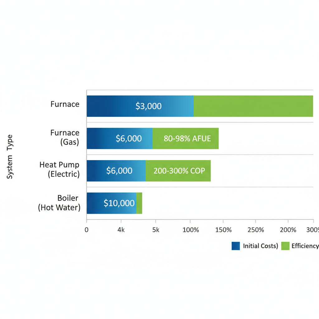 Horizontal bar chart comparing costs and efficiency of furnace, heat pump, and boiler heating systems for Colorado Springs residences