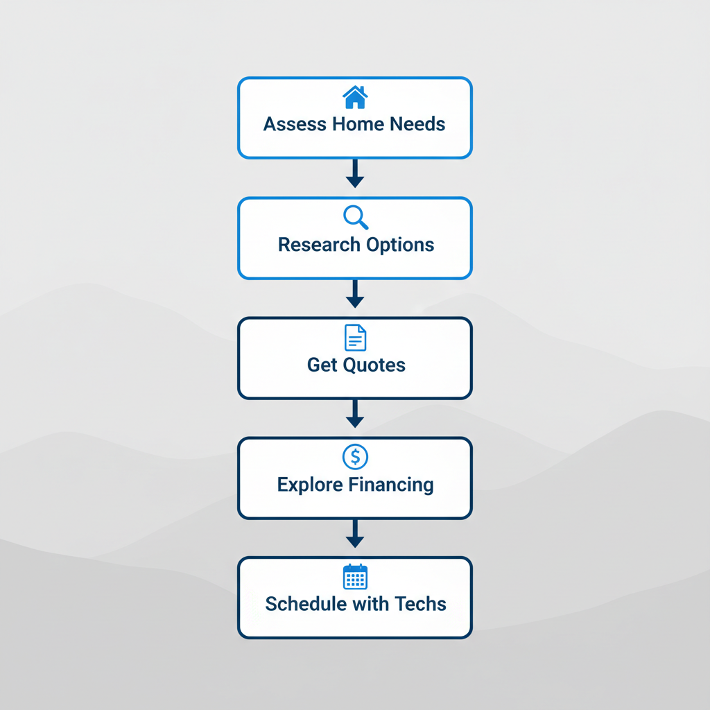 Vertical process flow diagram illustrating five steps to select a heating system, featuring icons for home assessment, research, quotes, financing, and scheduling.