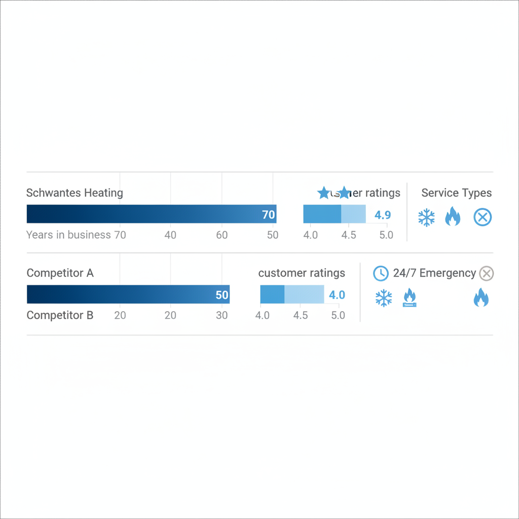 Horizontal bar chart comparing top HVAC providers in Minneapolis by years in business, ratings, emergency services, and icons.