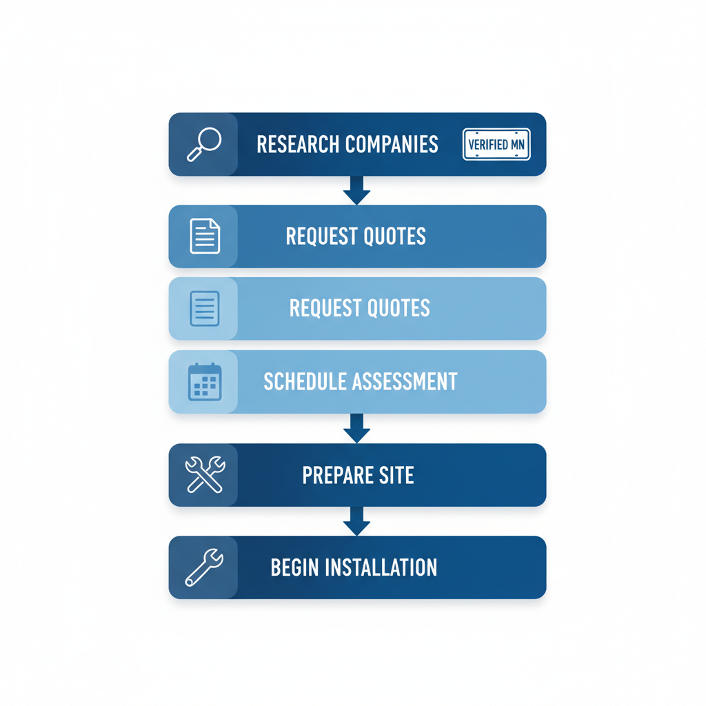 Vertical process flow diagram illustrating five steps to begin an HVAC project in Minneapolis, including research with license verification, requesting quotes, scheduling assessment, site preparation, and installation start.