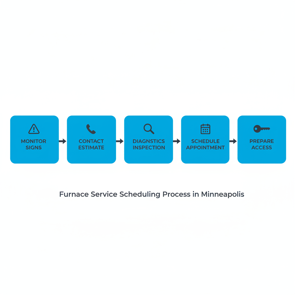 Horizontal process flow diagram illustrating five steps to schedule furnace service in Minneapolis with icons and arrows.