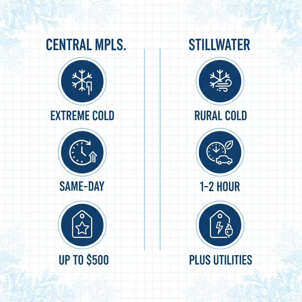 Infographic comparing furnace service aspects in Central Minneapolis and suburbs like Stillwater, highlighting weather challenges, response times, costs, and rebates.