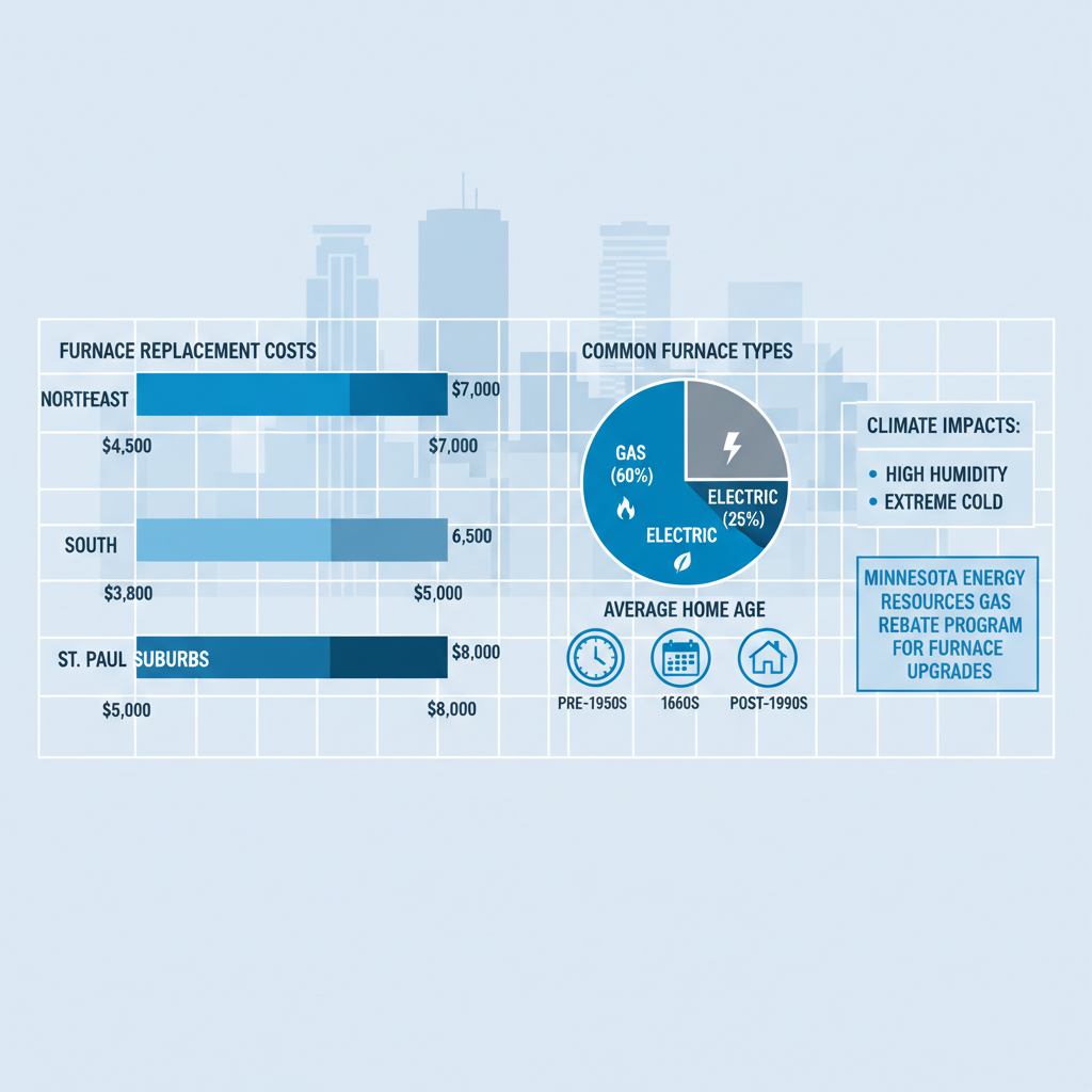 Infographic showing furnace replacement cost comparisons, types, and home age icons across Minneapolis neighborhoods with climate notes.