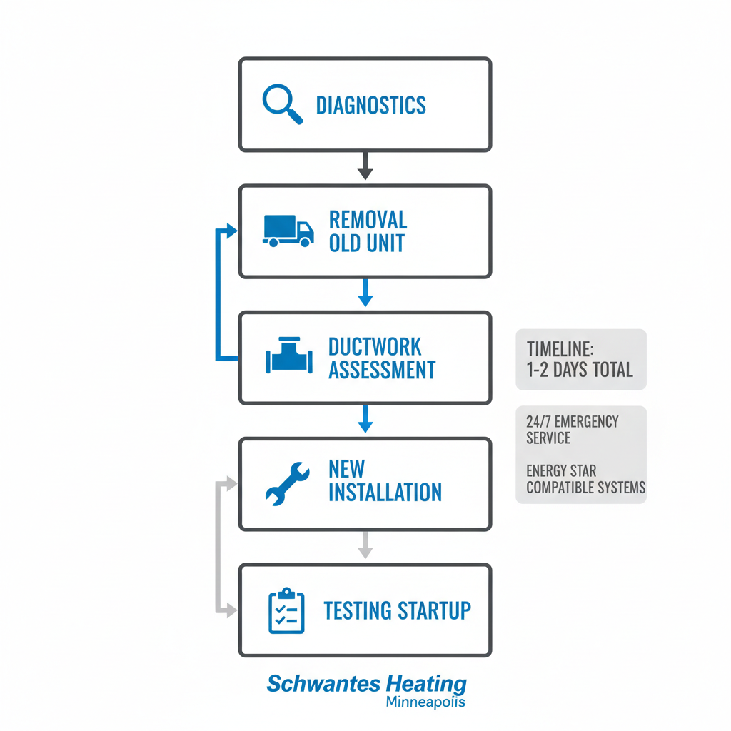Vertical process flow diagram showing five steps of furnace replacement: diagnostics, removal, assessment, installation, and testing in Minneapolis.