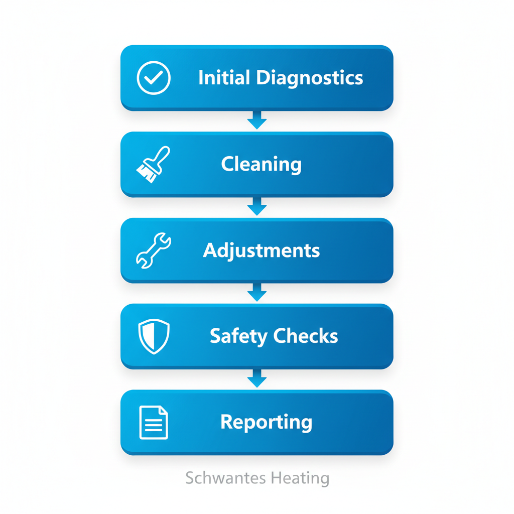 Vertical process flow diagram illustrating five stages of professional furnace maintenance: initial diagnostics, cleaning, adjustments, safety checks, and reporting.