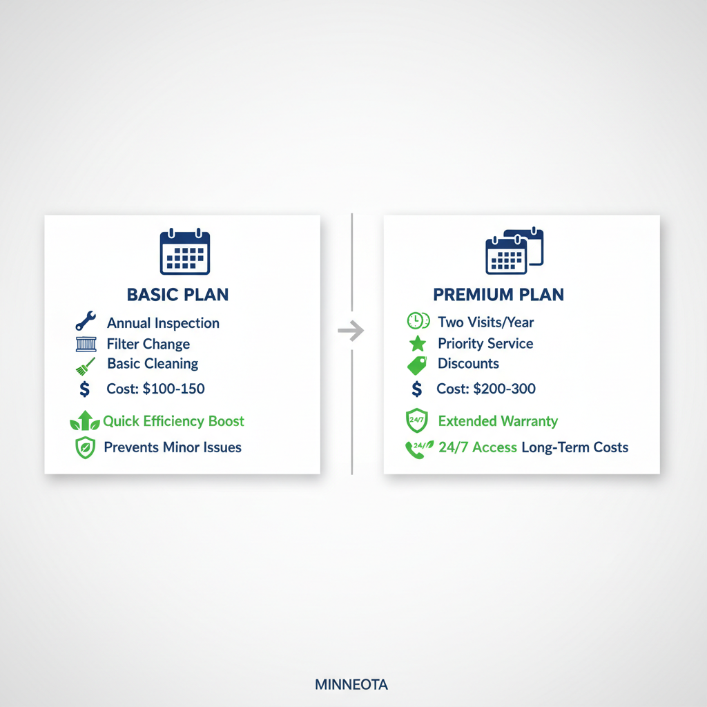 Infographic comparing basic and premium furnace maintenance plans including costs, services, and energy efficiency benefits