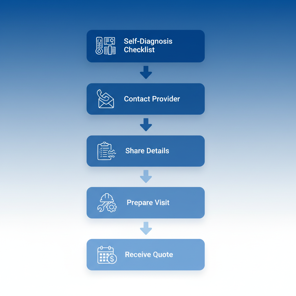 Vertical process flow diagram with five stages for starting AC services: self-diagnosis, contact provider, share details, prepare visit, and receive quote.